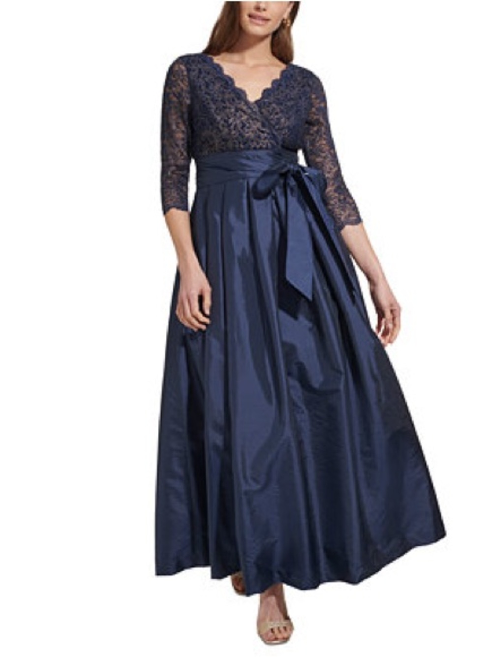 Jessica Howard Emerald Lace-Top Satin Maxi Dress with Waist Bow